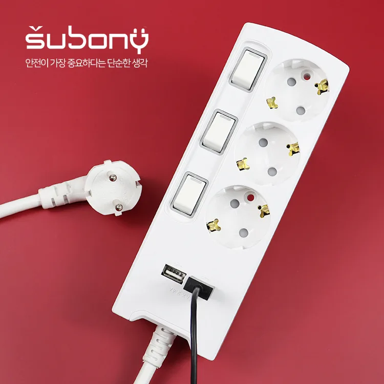 USB 포트와 접지 콘센트를 갖춘 써보니 3구 개별스위치 멀티탭